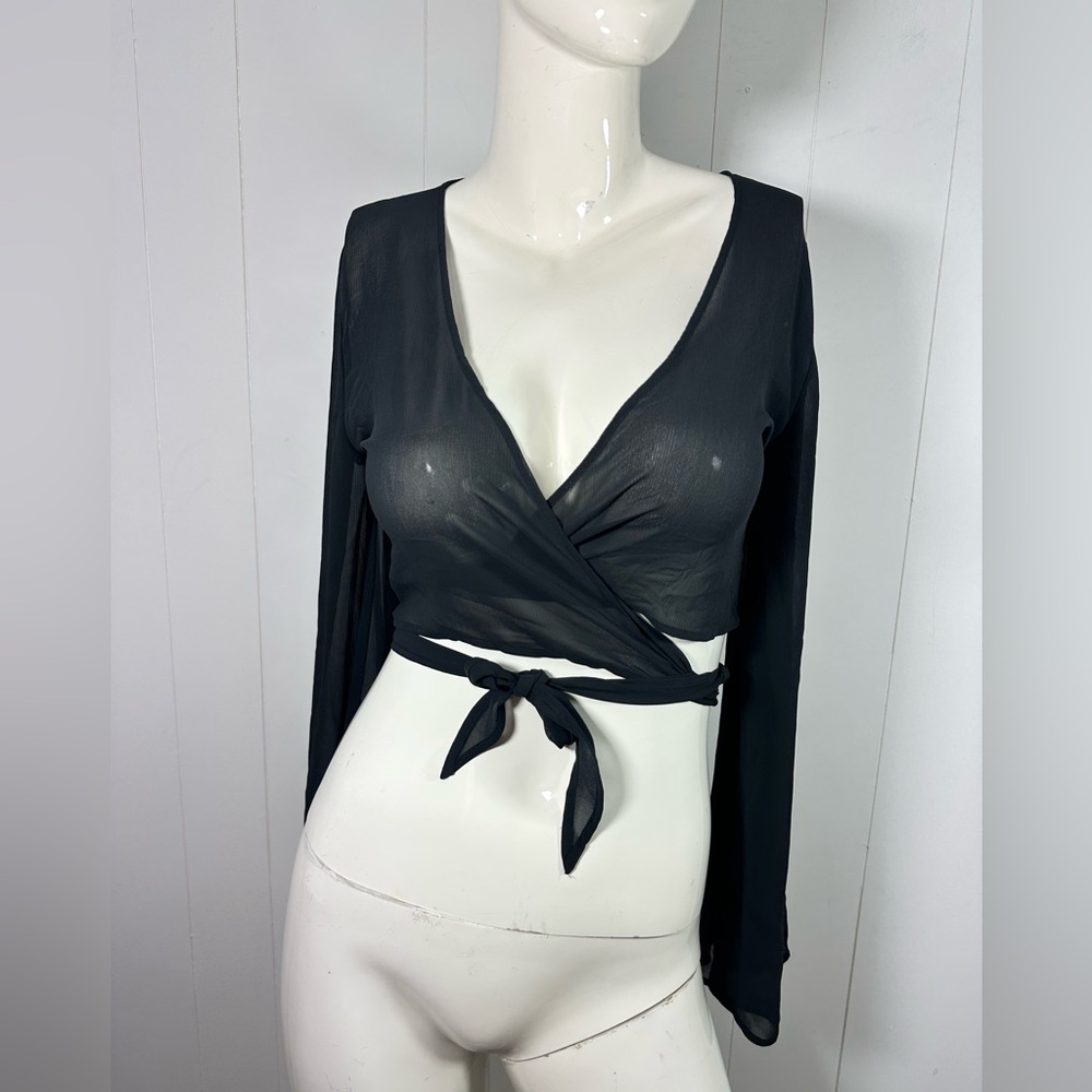Victoria Secret SWIM S Line Sheer Black Crop Top Wrap Around Tie Flare Sleeve